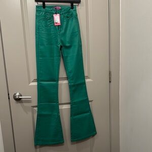 Edikted Luna Faux Leather Flare Pants in Green